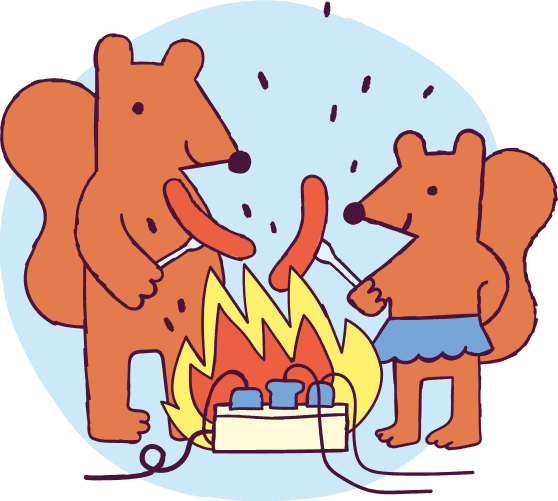 Illustrasjon av ekorn som griller pølser på en brennende stikkontakt